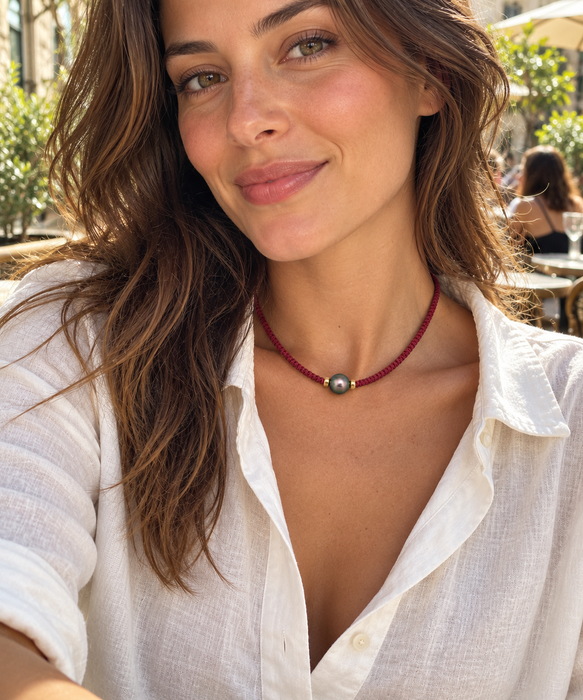 Tahiti Pearl 11-12 mm Necklace & Gold Donuts, Handmade in Macramé,