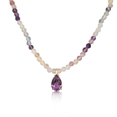 Collar Amatista Lagrima 12 x 8 y Fluorita 3 mm redonda tallada, Oro 18K - MIMUKA