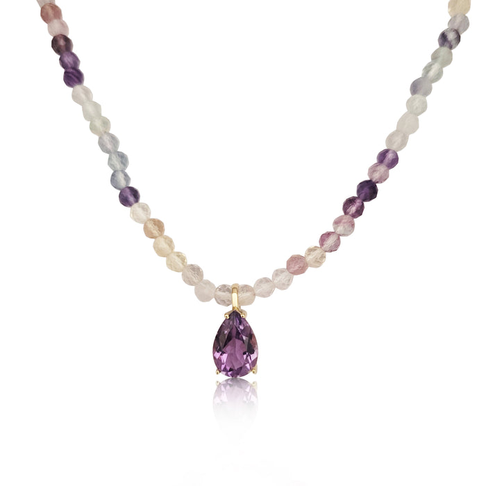 Collar Amatista Lagrima 12 x 8 y Fluorita 3 mm redonda tallada, Oro 18K - MIMUKA