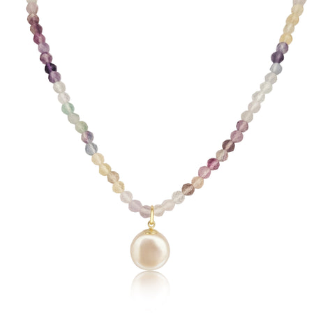 Collar Colgante Perla Cultivada 12 mm y Piedras Preciosas Fluorite, Oro 18K - MIMUKA