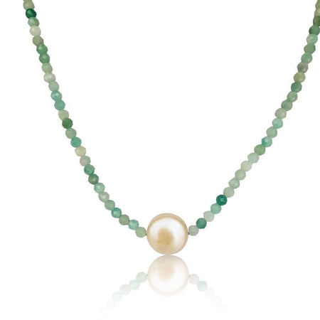 Collar de Esmeraldas con Perla Cultivada, Piedras Preciosas Redondas Talladas, Cierre de Oro 18K - MIMUKA