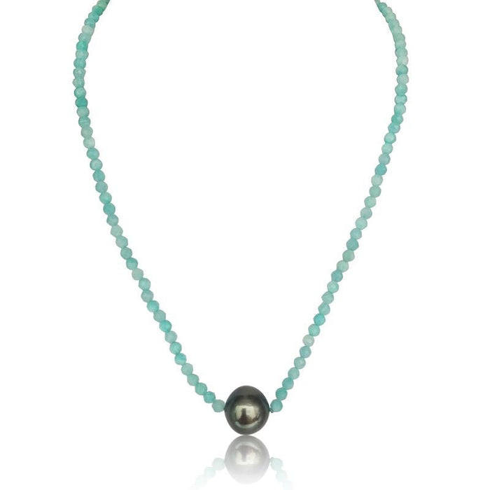 Collar de Perla Tahití 11 mm y Amazonita 3 mm, Piedras Preciosas, Oro 18K - MIMUKA