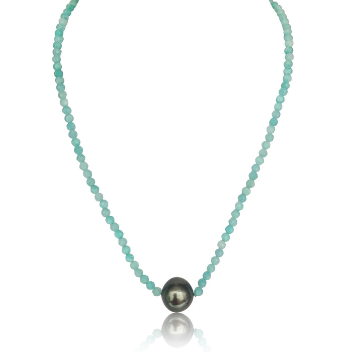 Collar de Perla Tahití 11 mm y Amazonita 3 mm, Piedras Preciosas, Oro 18K - MIMUKA