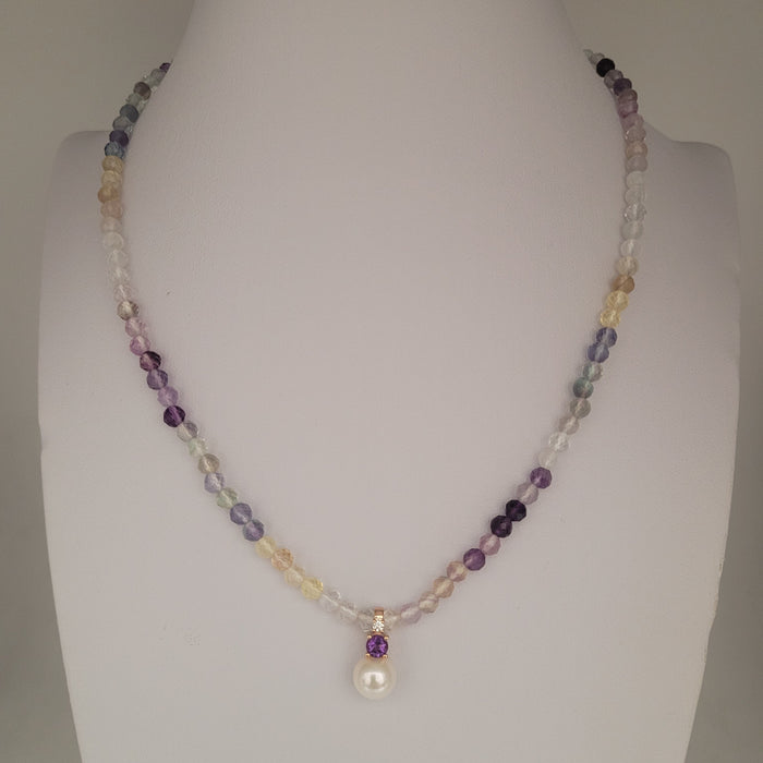 Collar Fluorita, Perla Cultivada, Amatista y Diamante, Oro 18K - MIMUKA