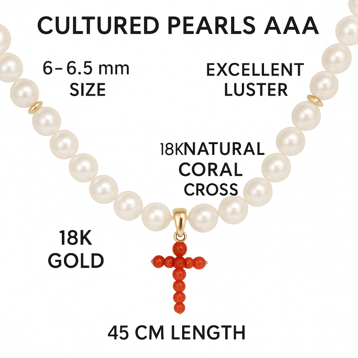 Cultured Pearl Necklace with Natural Coral Cross and 18K Gold - MIMUKA