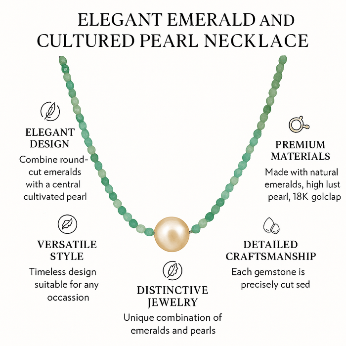 Elegant Emerald and Cultured Pearl Necklace with 18K Yellow Gold Clasp – Handcrafted Jewelry - MIMUKA