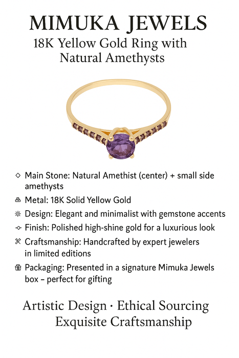 Mimuka Jewels 18K Yellow Gold Ring with Natural Amethysts – Elegant Handmade Design for Women - MIMUKA