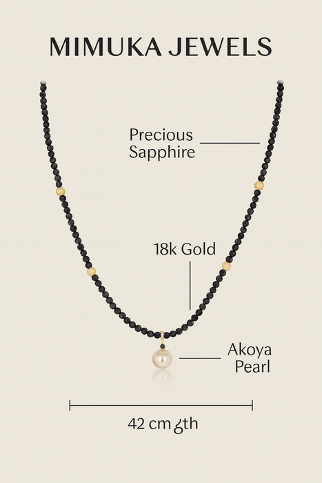 Mimuka Jewels 18K Yellow Gold Sapphire Necklace with Japanese Akoya Cultured Pearl – 42 cm | Handmade Fine Jewelry - MIMUKA