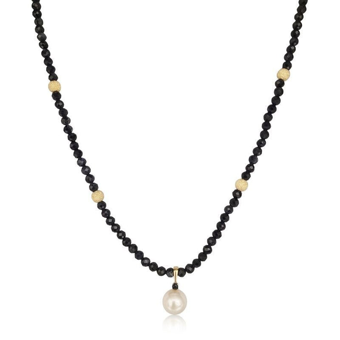 Mimuka Jewels 18K Yellow Gold Sapphire Necklace with Japanese Akoya Cultured Pearl – 42 cm | Handmade Fine Jewelry - MIMUKA