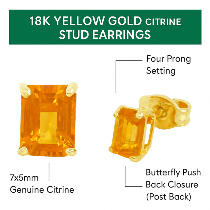 Stud Earings 18K Gold & Citrine 7 x 5 Precious Stones - MIMUKA