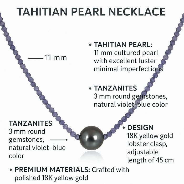 Tahitian Pearl Necklace with Natural Tanzanite and 18K Yellow Gold - MIMUKA