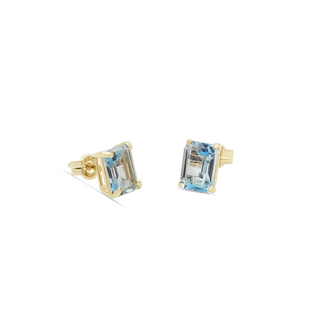 Yellow Gold Earrings 18K Precious Stones Sky Blue Topaz weight 2.5 carats cut emerald/octagonal 7 x 5 mm - MIMUKA