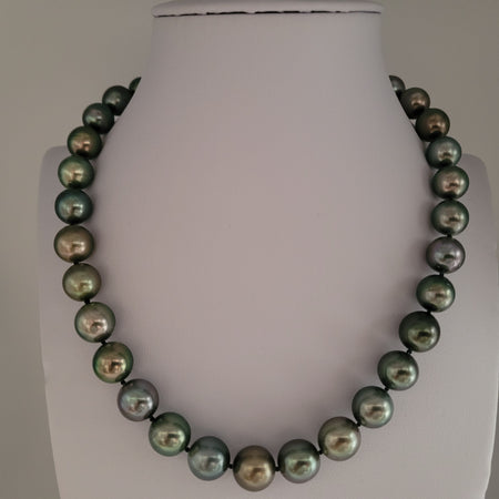 Tahiti Pearls Necklace of Dark  olor with Green and Sherry Overtones, Round, High Luster, 18K Gold Clasp |  The South Sea Pearl |  The South Sea Pearl