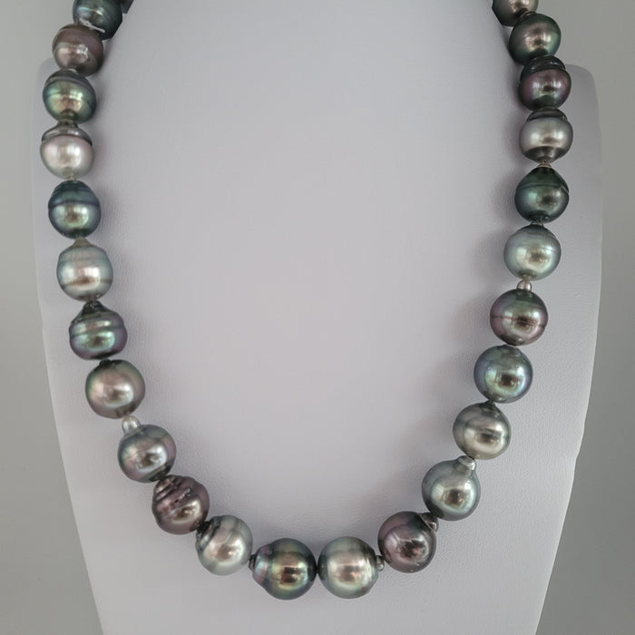 Tahiti Pearls Necklace of Natural Multicolors and Very High Luster, 12.1 - 13.3 mm,  18K Gold Clasp |  The South Sea Pearl |  The South Sea Pearl
