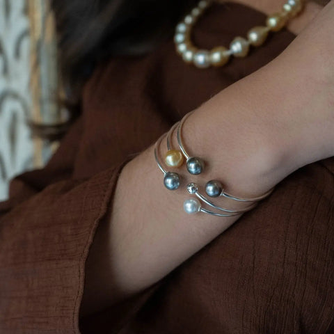 Tahitian and South Sea pearl stackable bracelet 9-10mm — .925 sterling silver bangle (Pinctada margaritifera)