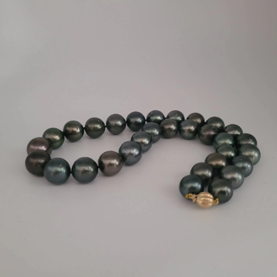 AAA Tahitian Pearl Necklace, Natural Color and High Luster 12-14 mm Round, 18 Karat Solid Gold |  The South Sea Pearl |  The South Sea Pearl