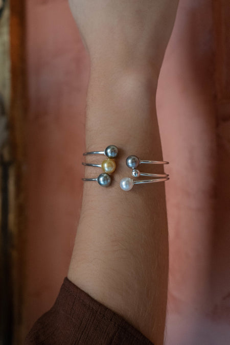 Stackable Pearl Bracelets, with 9-10mm Tahitian and South Sea Pearls - 925 Sterling Silver Adaptable Bangle - The South Sea Pearl